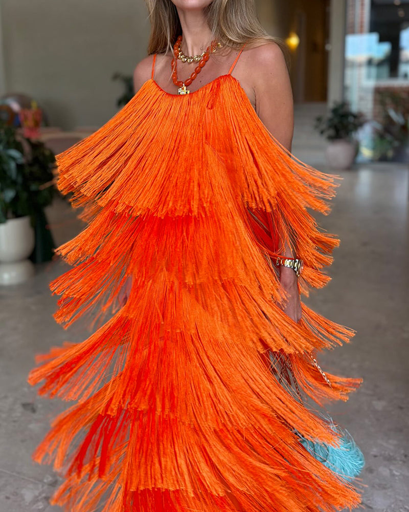 Sadie Orange Tiered Fringe Cami Maxi Dress