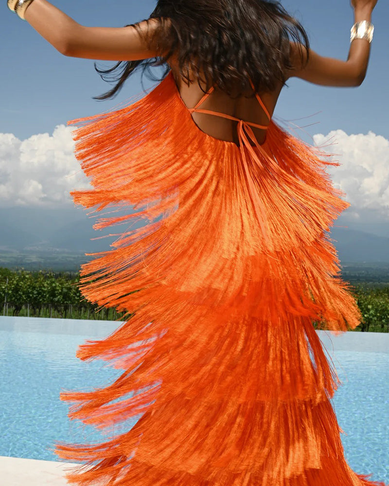 Sadie Orange Tiered Fringe Cami Maxi Dress