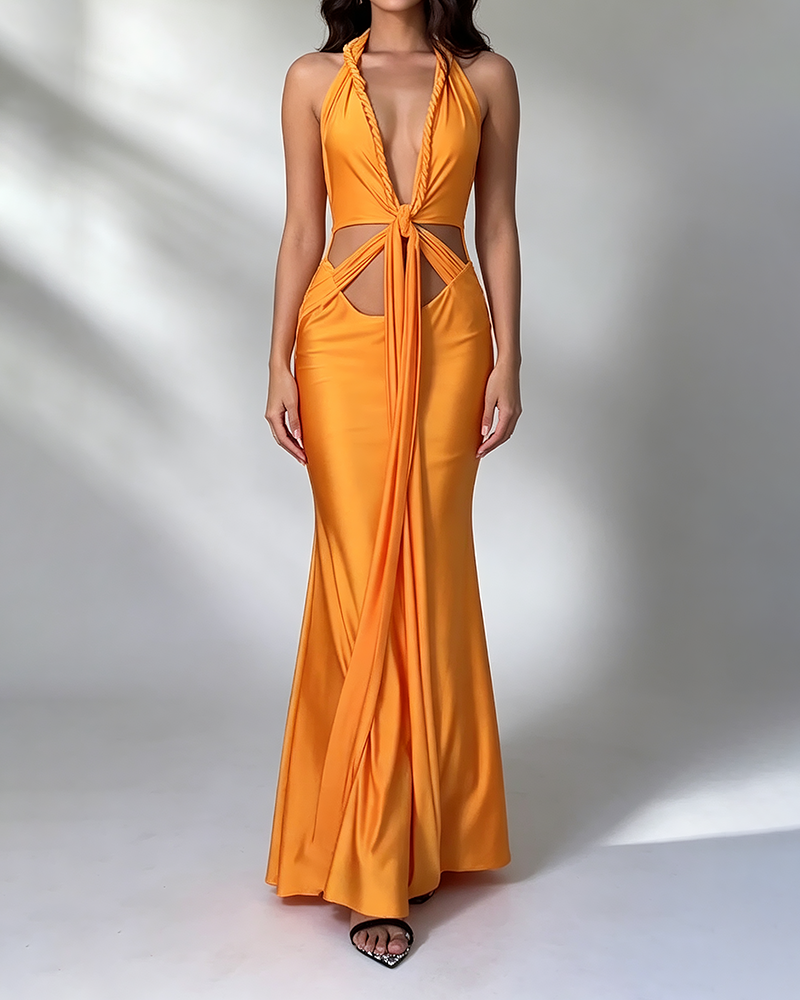 Rosalind Orange Center Knot Halter Cut-Out Maxi Dress
