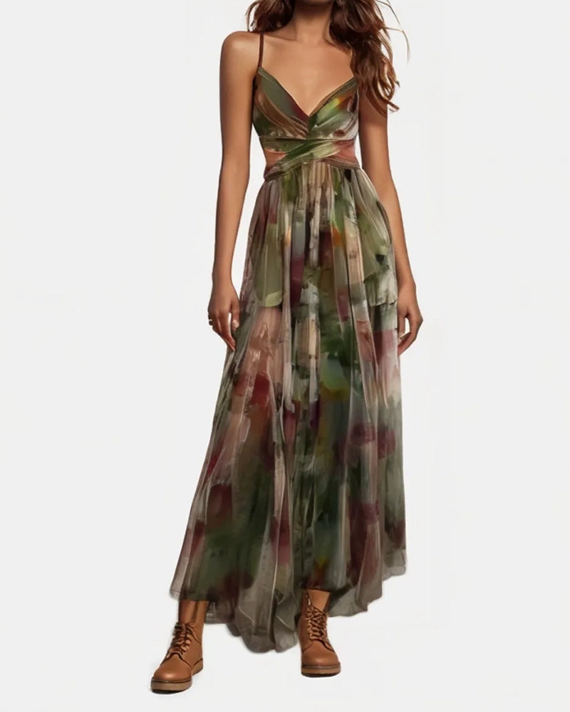 Emmeline Multicolor Spaghetti Strap Watercolor Print Tulle Maxi Dress