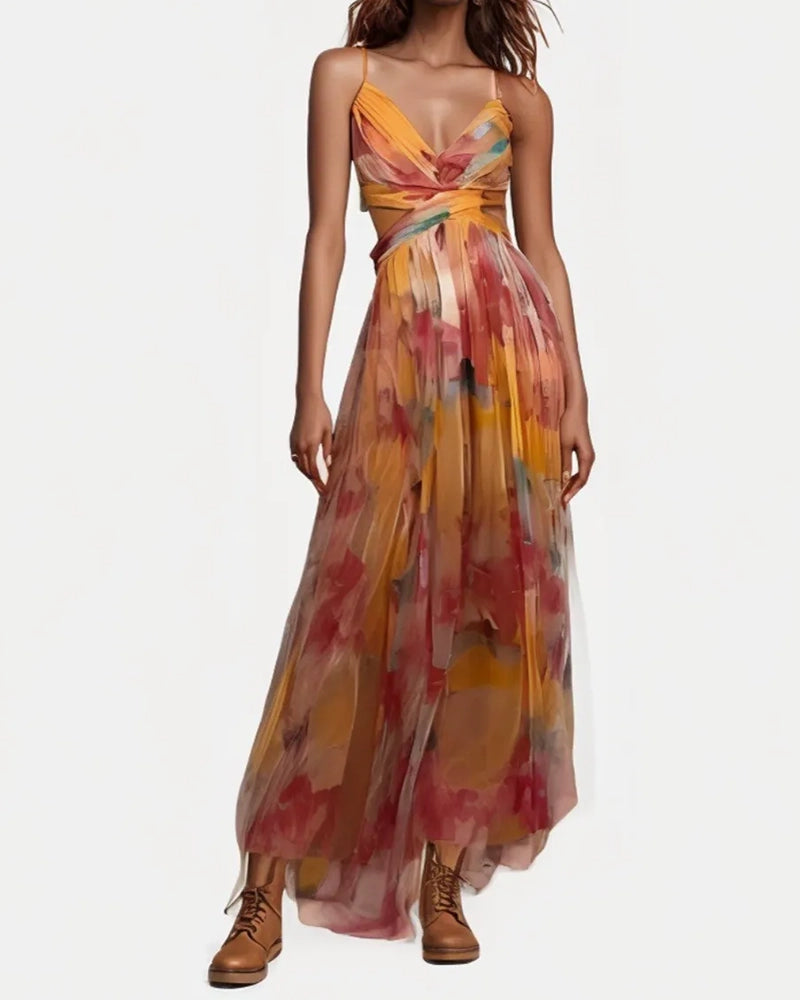 Emmeline Multicolor Spaghetti Strap Watercolor Print Tulle Maxi Dress