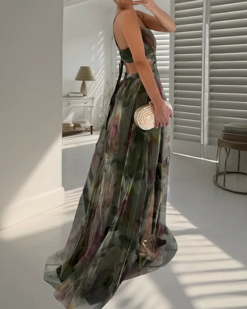 Emmeline Multicolor Spaghetti Strap Watercolor Print Tulle Maxi Dress