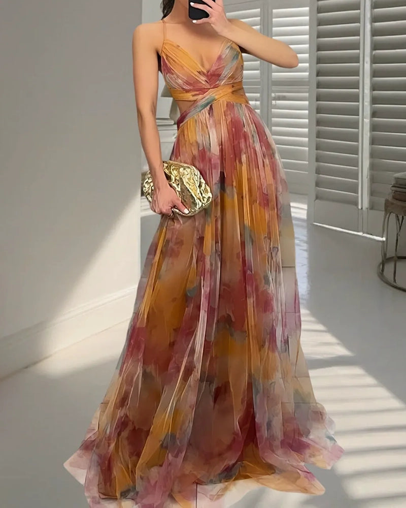 Emmeline Multicolor Spaghetti Strap Watercolor Print Tulle Maxi Dress