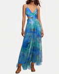 Emmeline Multicolor Spaghetti Strap Watercolor Print Tulle Maxi Dress