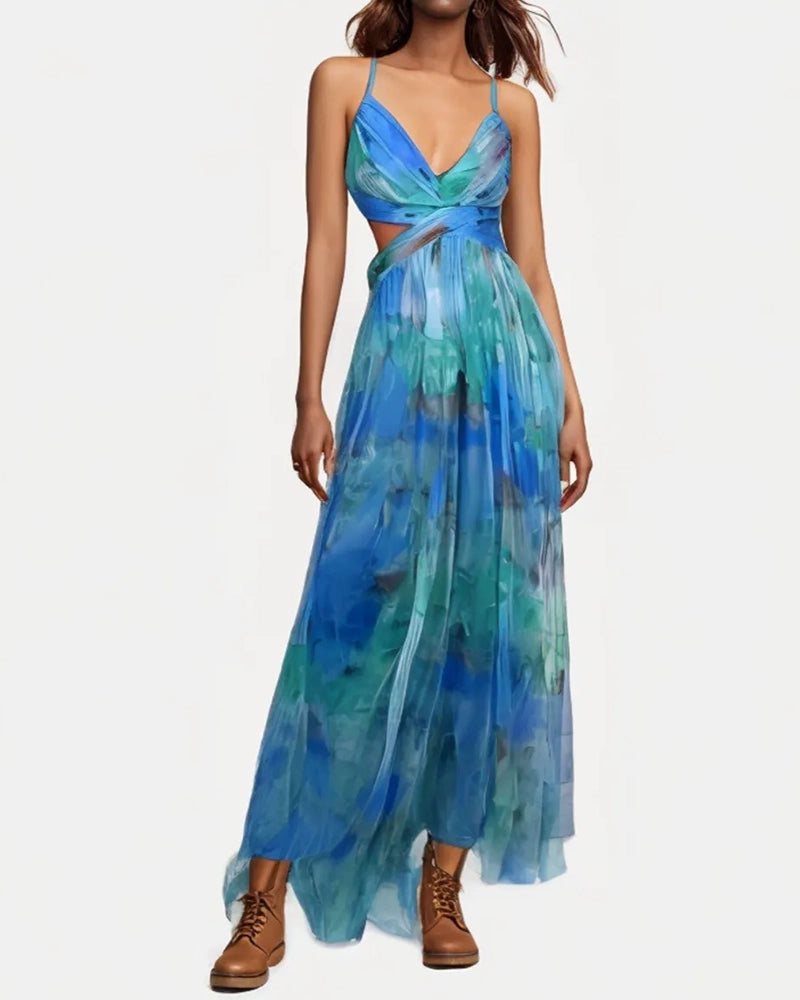 Emmeline Multicolor Spaghetti Strap Watercolor Print Tulle Maxi Dress