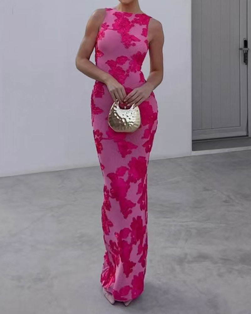 Zia Pink Floral Embroidered Sleeveless Maxi Dress