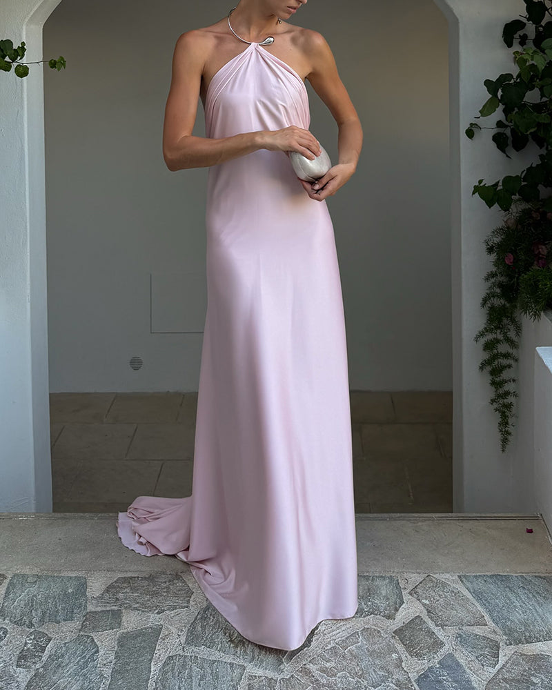 Scarlett Pink Halter Neck Satin Maxi Dress