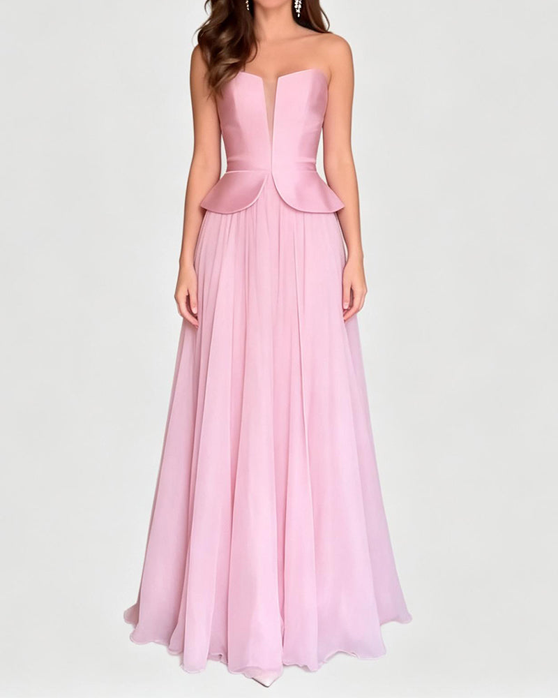 Valencia Pink Strapless Peplum Plunging Maxi Dress
