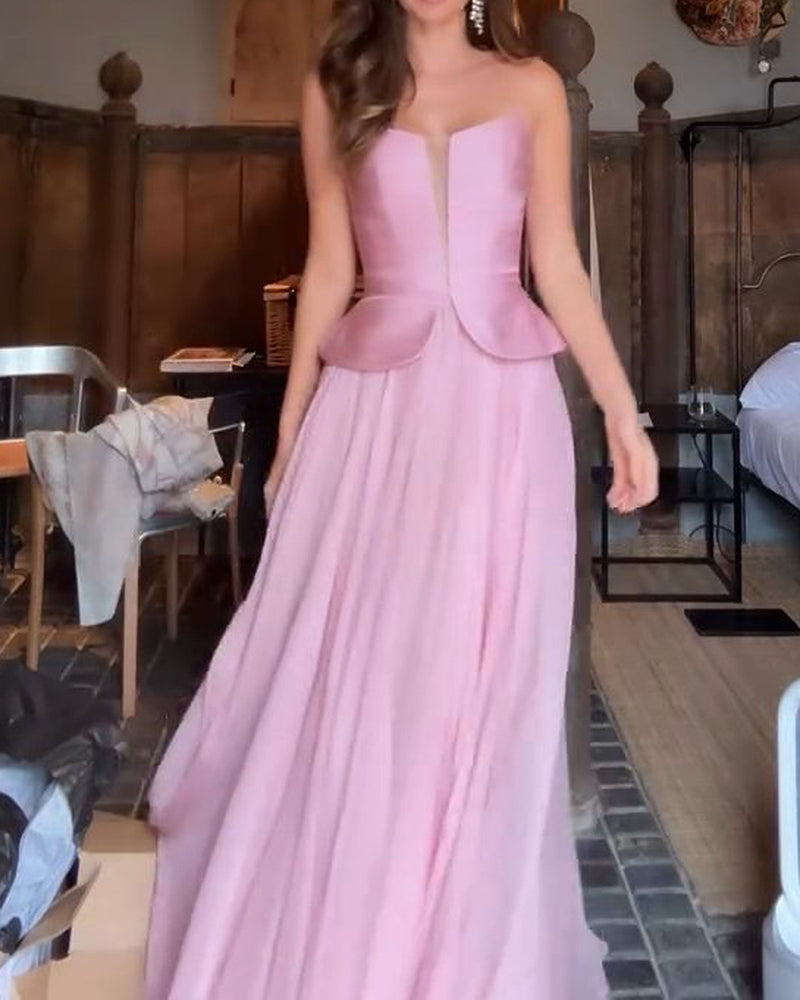 Valencia Pink Strapless Peplum Plunging Maxi Dress