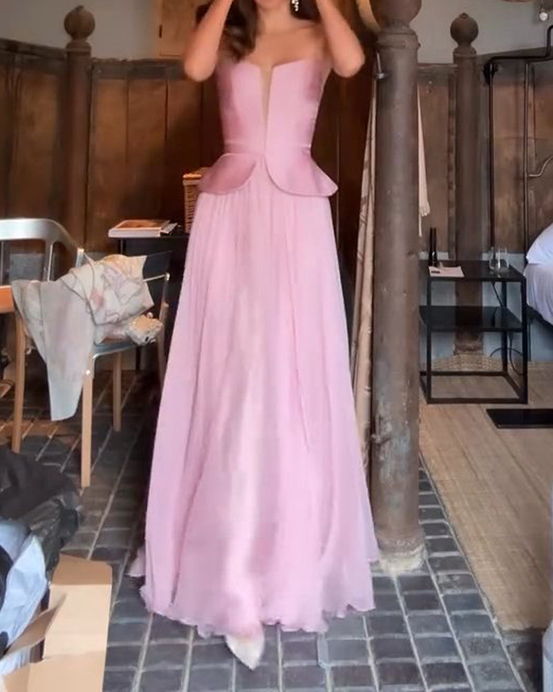 Valencia Pink Strapless Peplum Plunging Maxi Dress