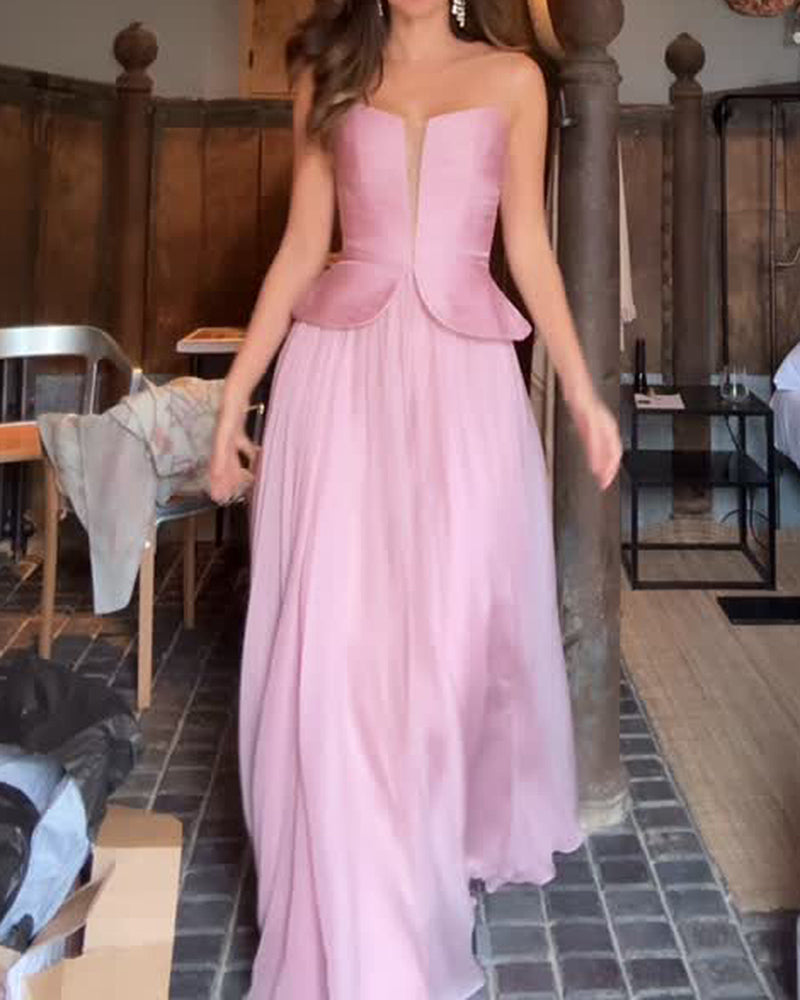 Valencia Pink Strapless Peplum Plunging Maxi Dress