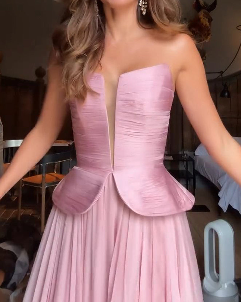 Valencia Pink Strapless Peplum Plunging Maxi Dress