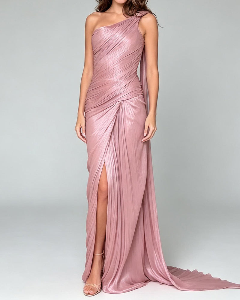 Alina Pink One-Shoulder Draped Maxi Dress