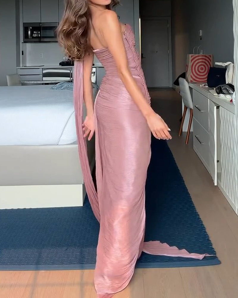 Alina Pink One-Shoulder Draped Maxi Dress