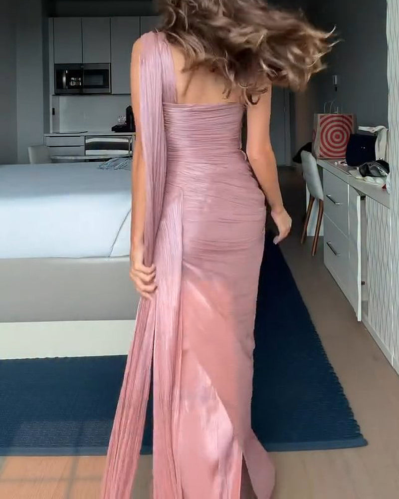 Alina Pink One-Shoulder Draped Maxi Dress