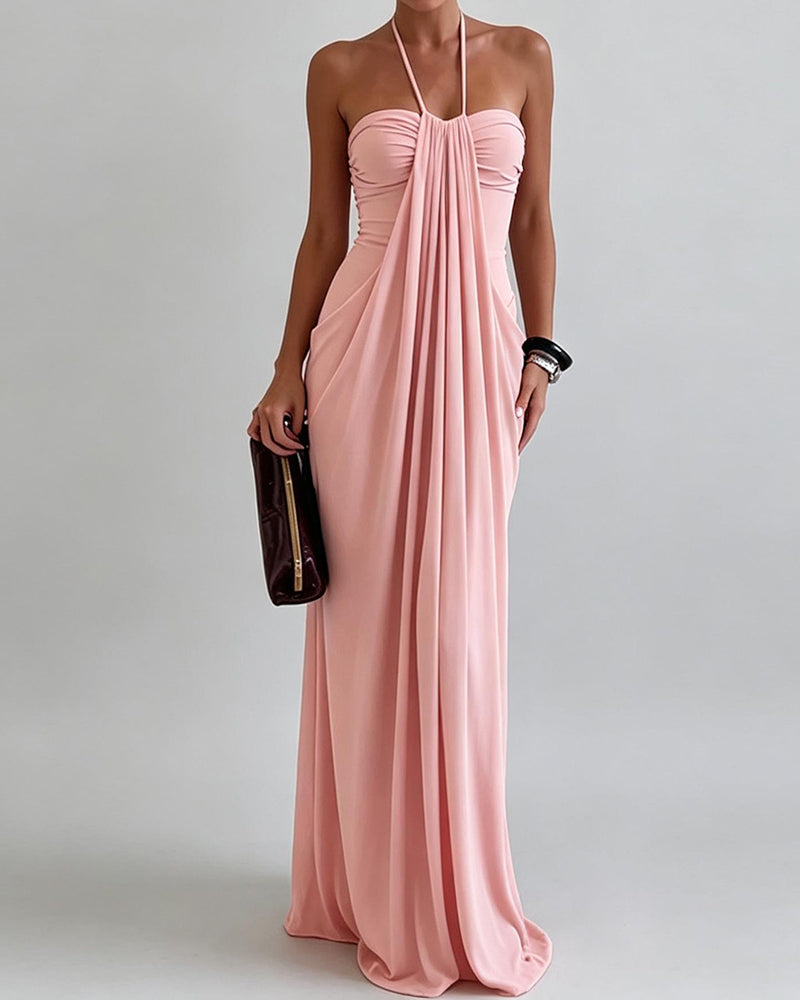 Abrianna Pink Halter Draped Maxi Dress