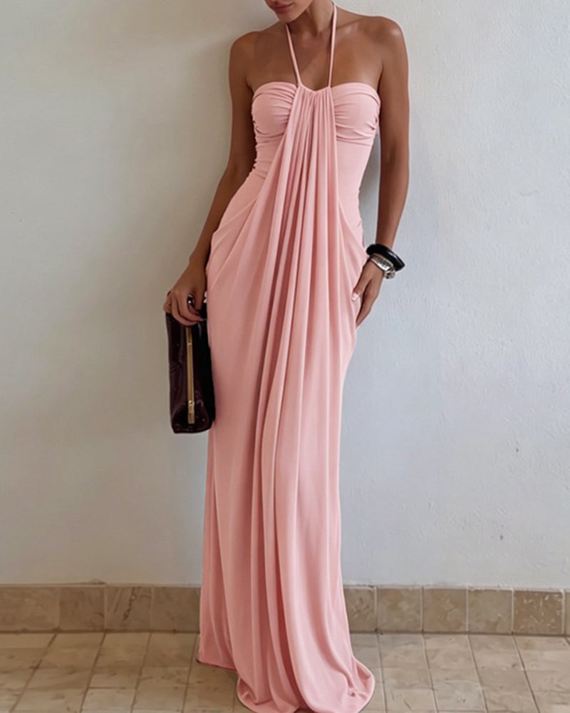 Abrianna Pink Halter Draped Maxi Dress