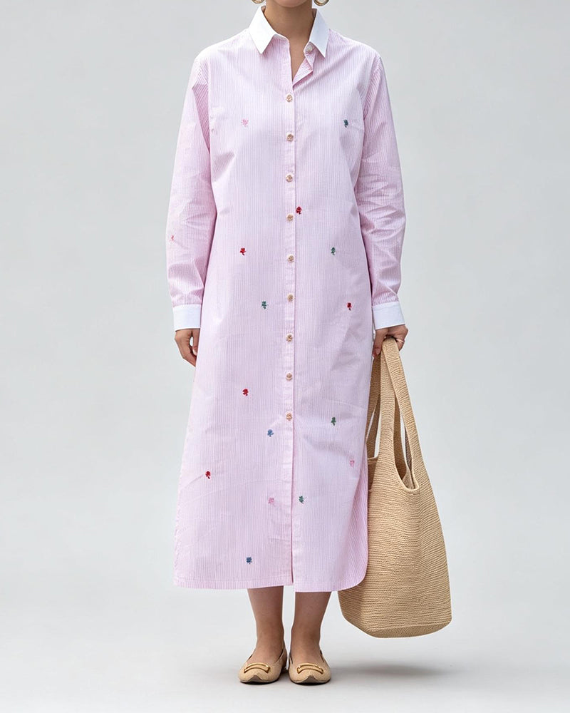 Noelle Pink Four Leaf Clover Striped Shirt Maxi Dress