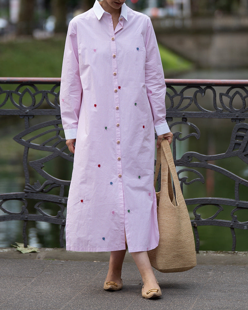 Noelle Pink Four Leaf Clover Striped Shirt Maxi Dress