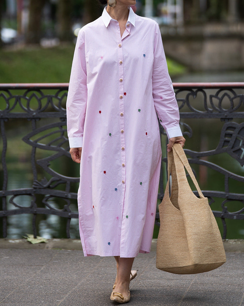 Noelle Pink Four Leaf Clover Striped Shirt Maxi Dress