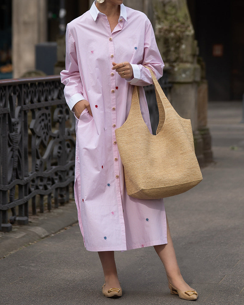 Noelle Pink Four Leaf Clover Striped Shirt Maxi Dress