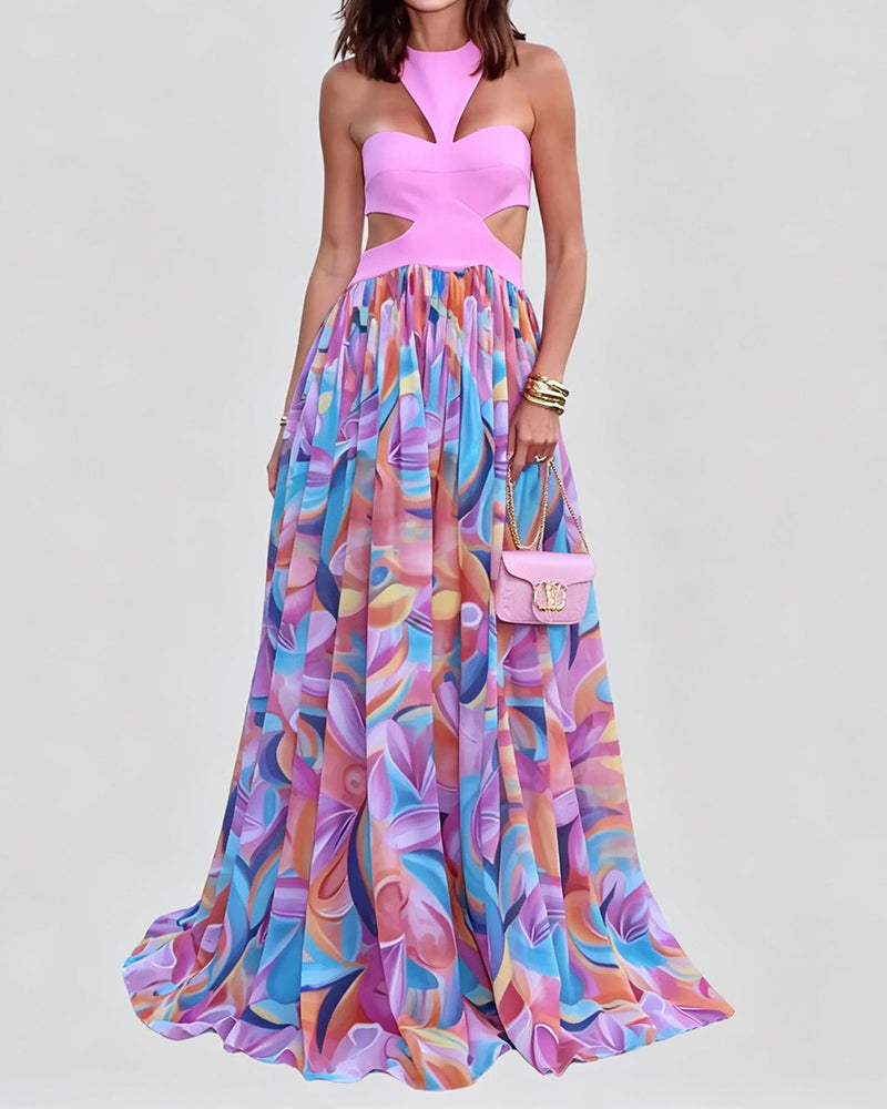 Thalia Pink Cutout Printed Halter Maxi Dress