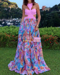 Thalia Pink Cutout Printed Halter Maxi Dress