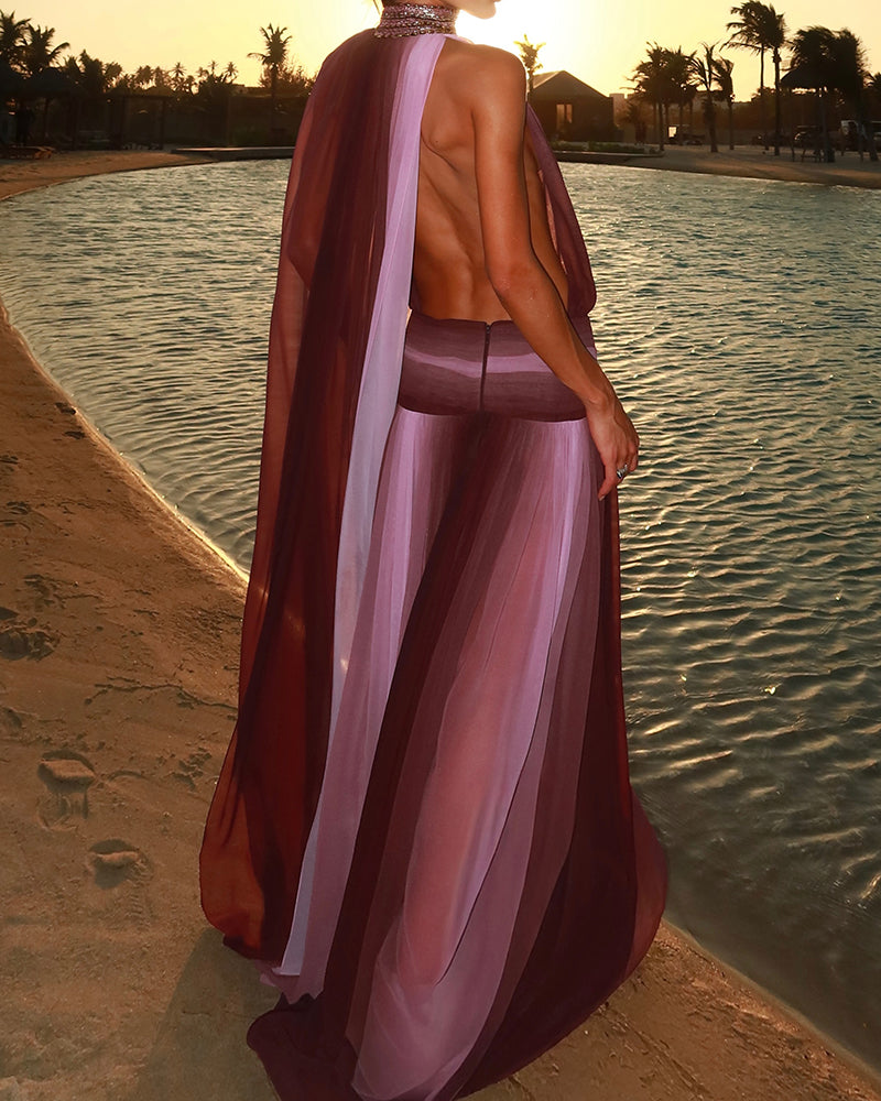Eliana Purple Ombré Chiffon Halter Maxi Gown