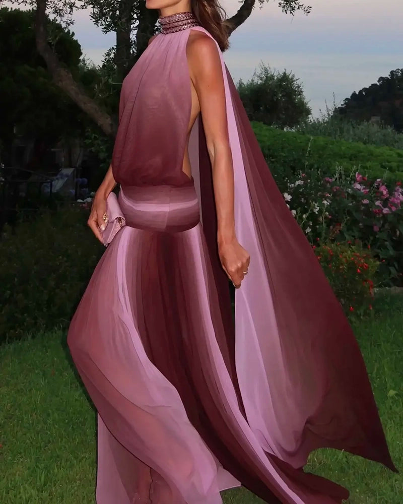 Eliana Purple Ombré Chiffon Halter Maxi Gown
