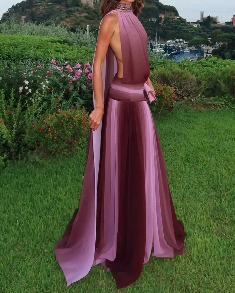 Eliana Purple Ombré Chiffon Halter Maxi Gown