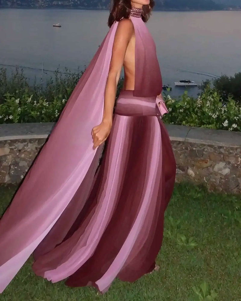 Eliana Purple Ombré Chiffon Halter Maxi Gown