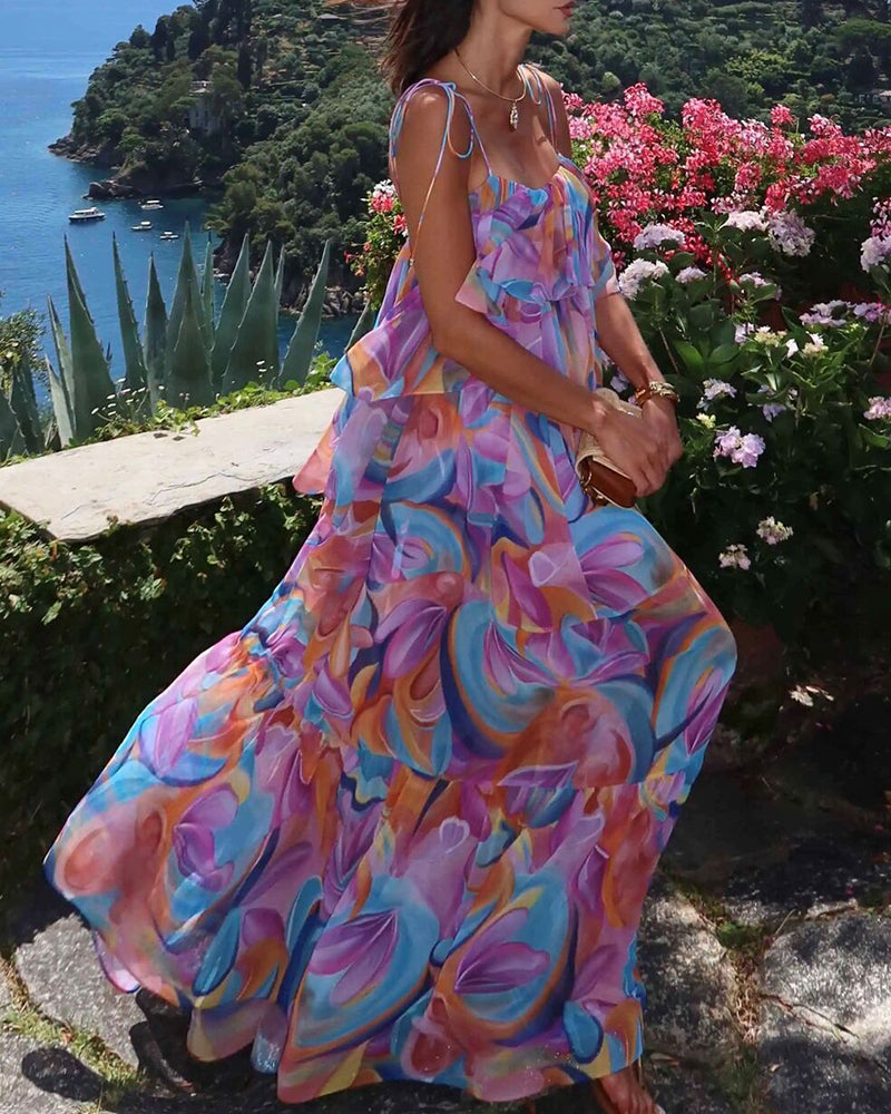 Selena Purple Ruffled Tiered Printed Maxi Dress