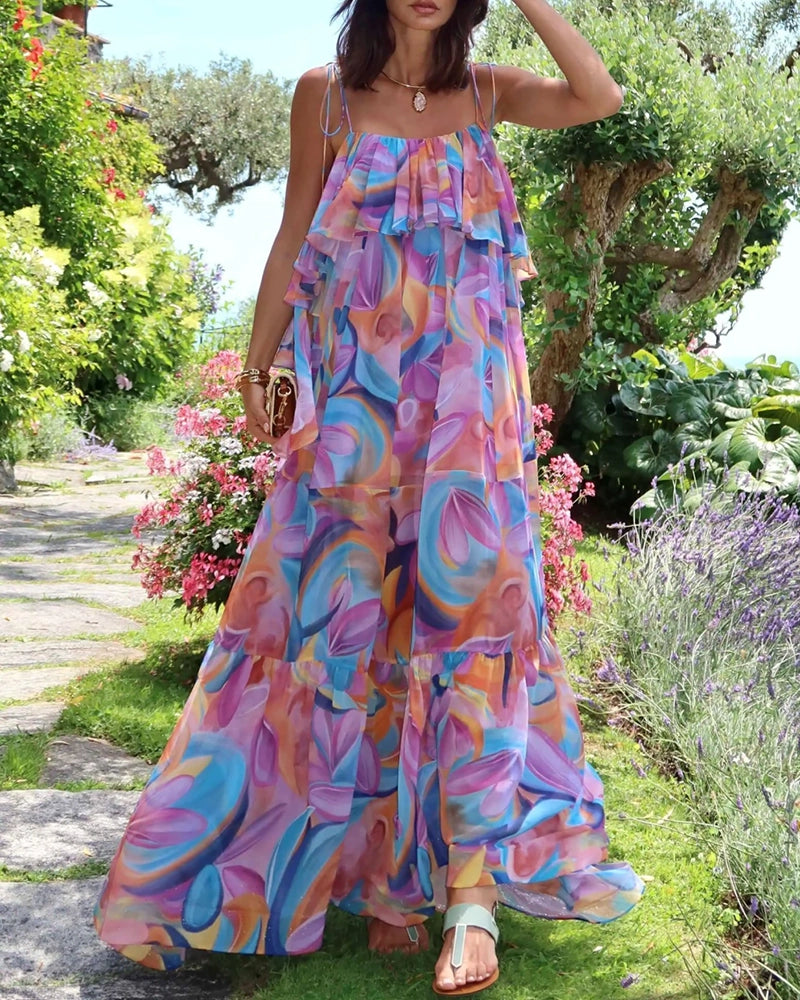 Selena Purple Ruffled Tiered Printed Maxi Dress
