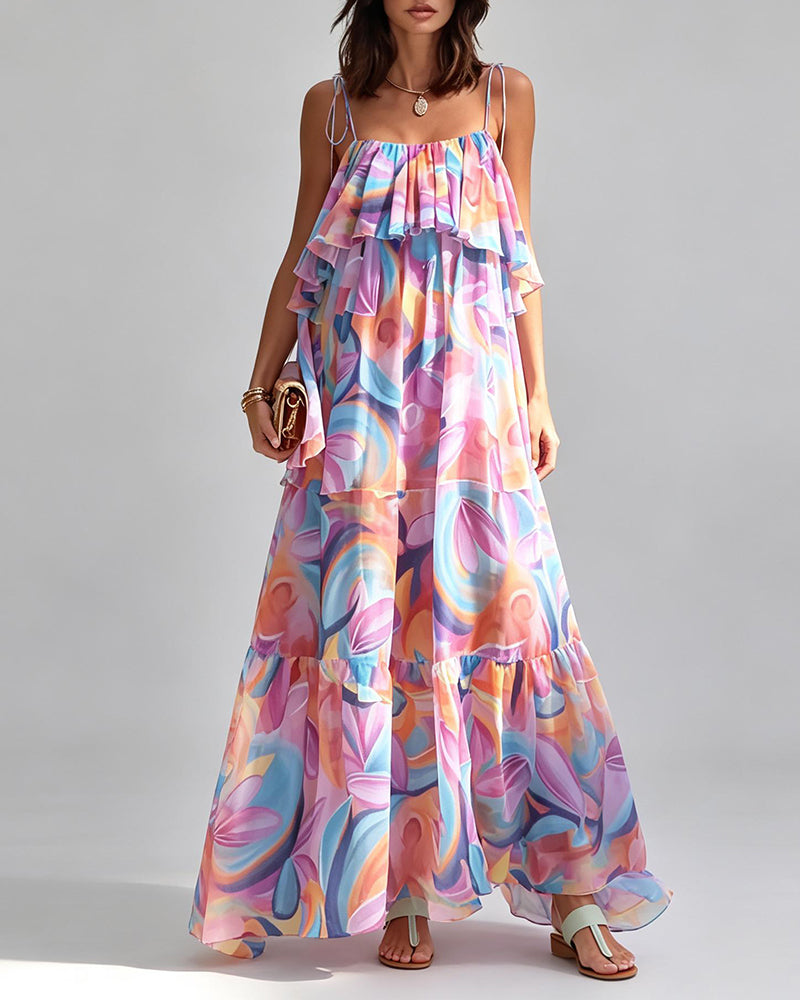 Selena Purple Ruffled Tiered Printed Maxi Dress