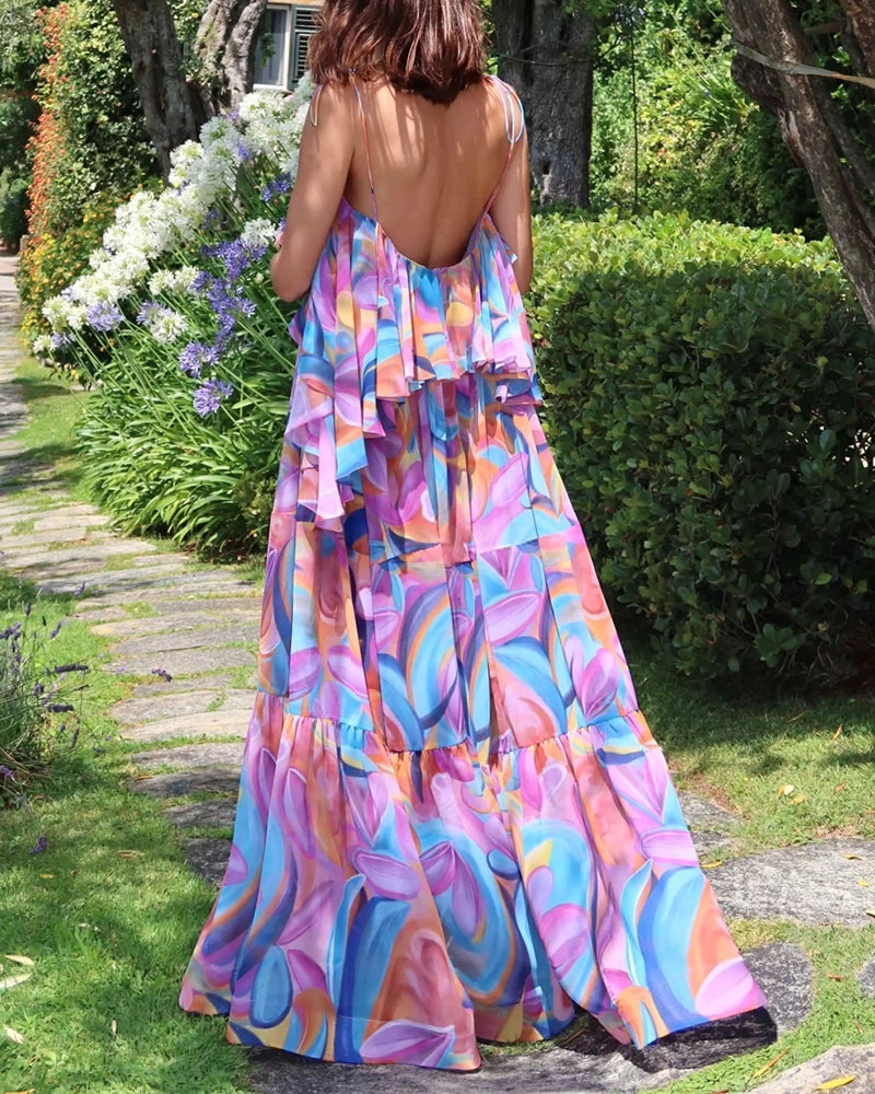 Selena Purple Ruffled Tiered Printed Maxi Dress