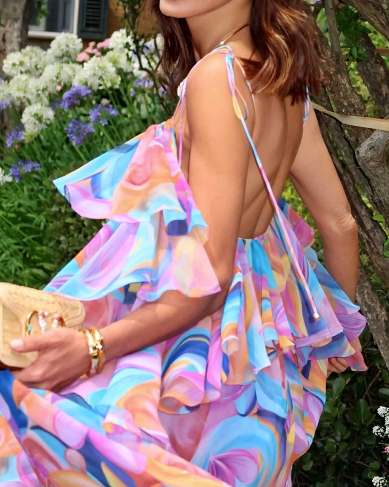 Selena Purple Ruffled Tiered Printed Maxi Dress