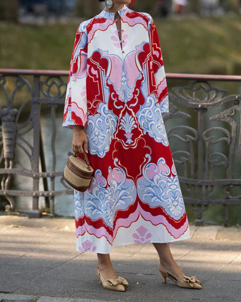 Yvonne Red Printed Long-Sleeve Maxi Dress