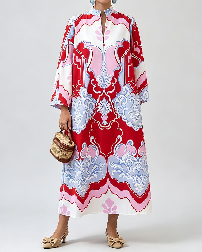Yvonne Red Printed Long-Sleeve Maxi Dress