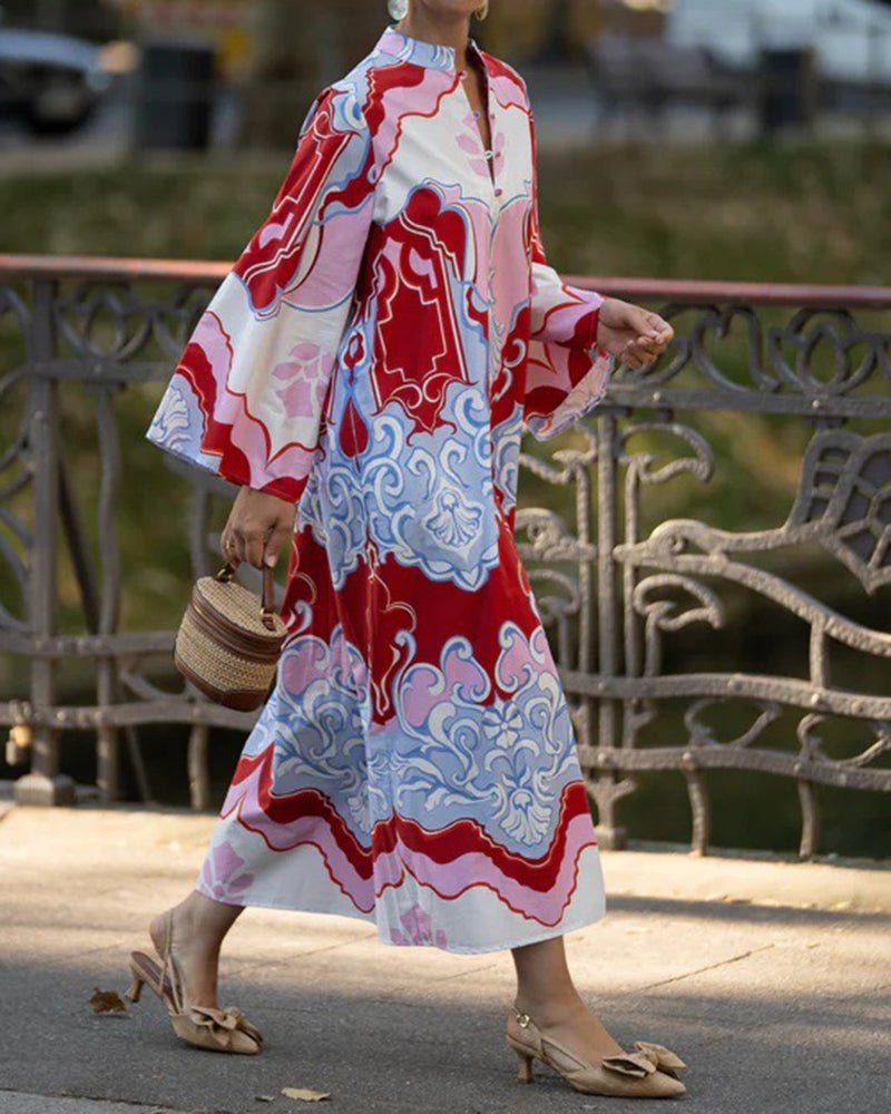 Yvonne Red Printed Long-Sleeve Maxi Dress