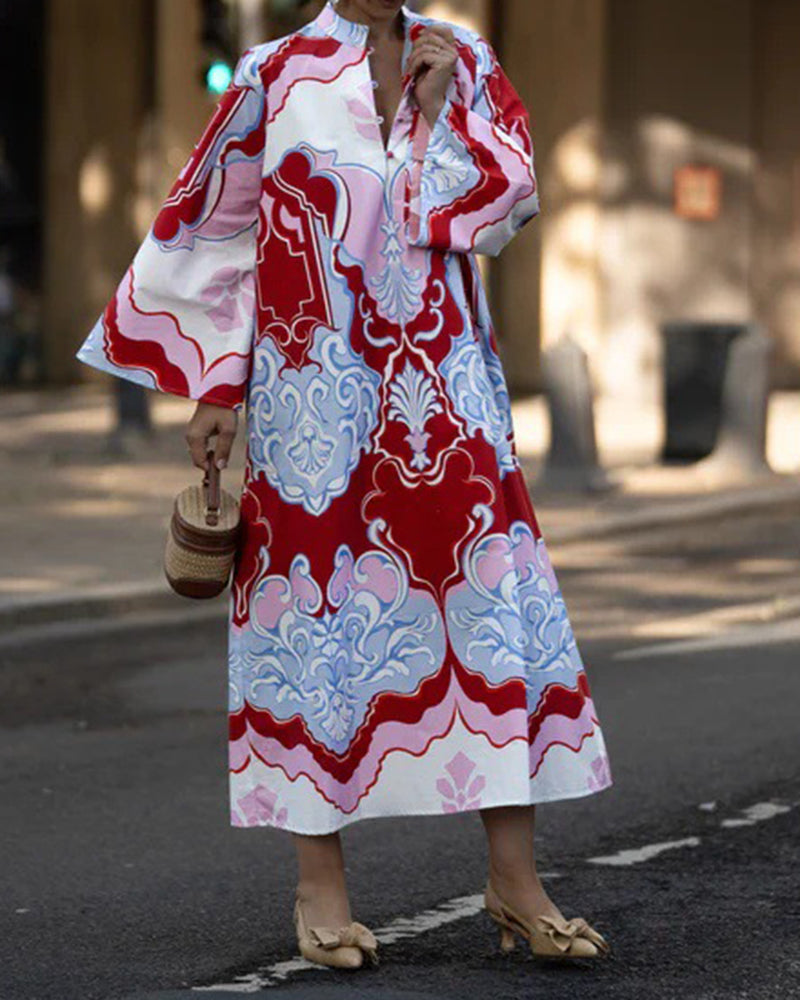 Yvonne Red Printed Long-Sleeve Maxi Dress
