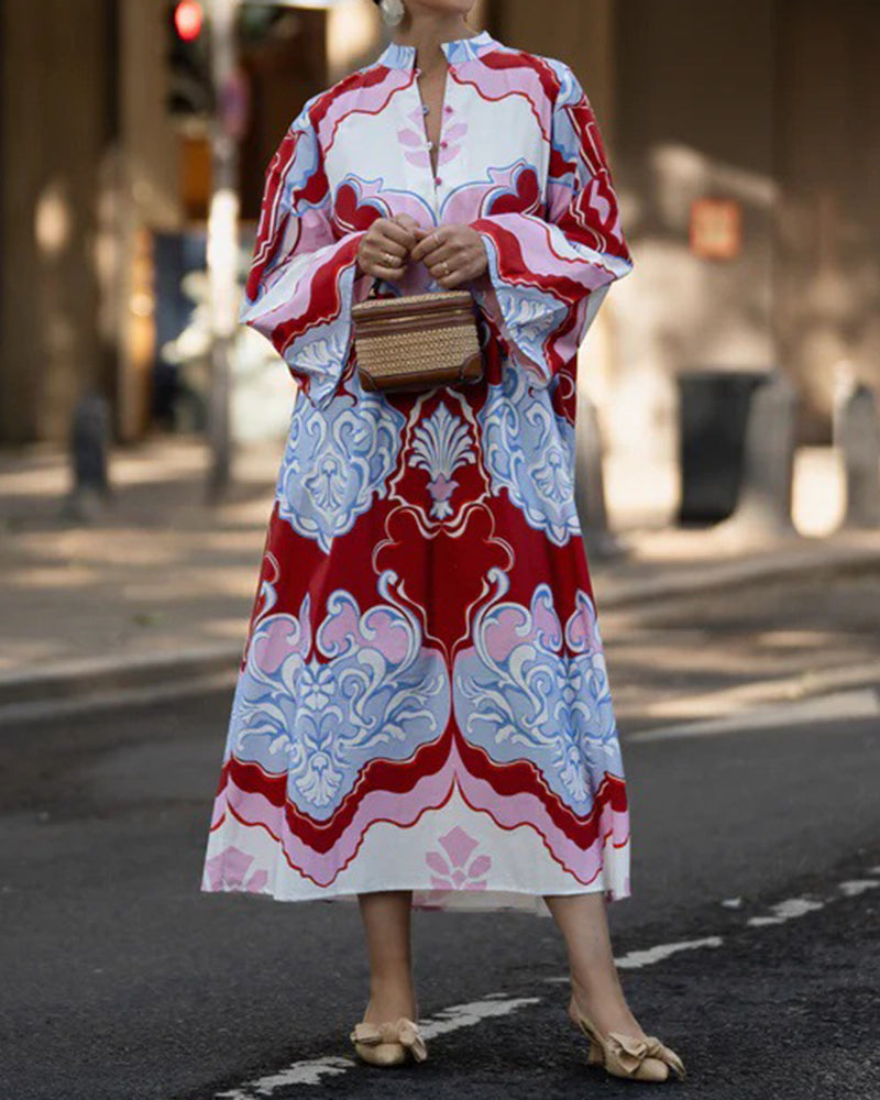 Yvonne Red Printed Long-Sleeve Maxi Dress