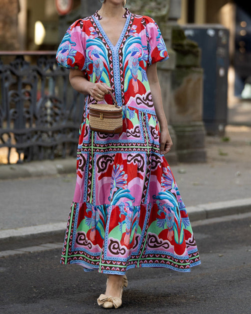 Amira Red Tropical Bird Printed Tiered Maxi Dress