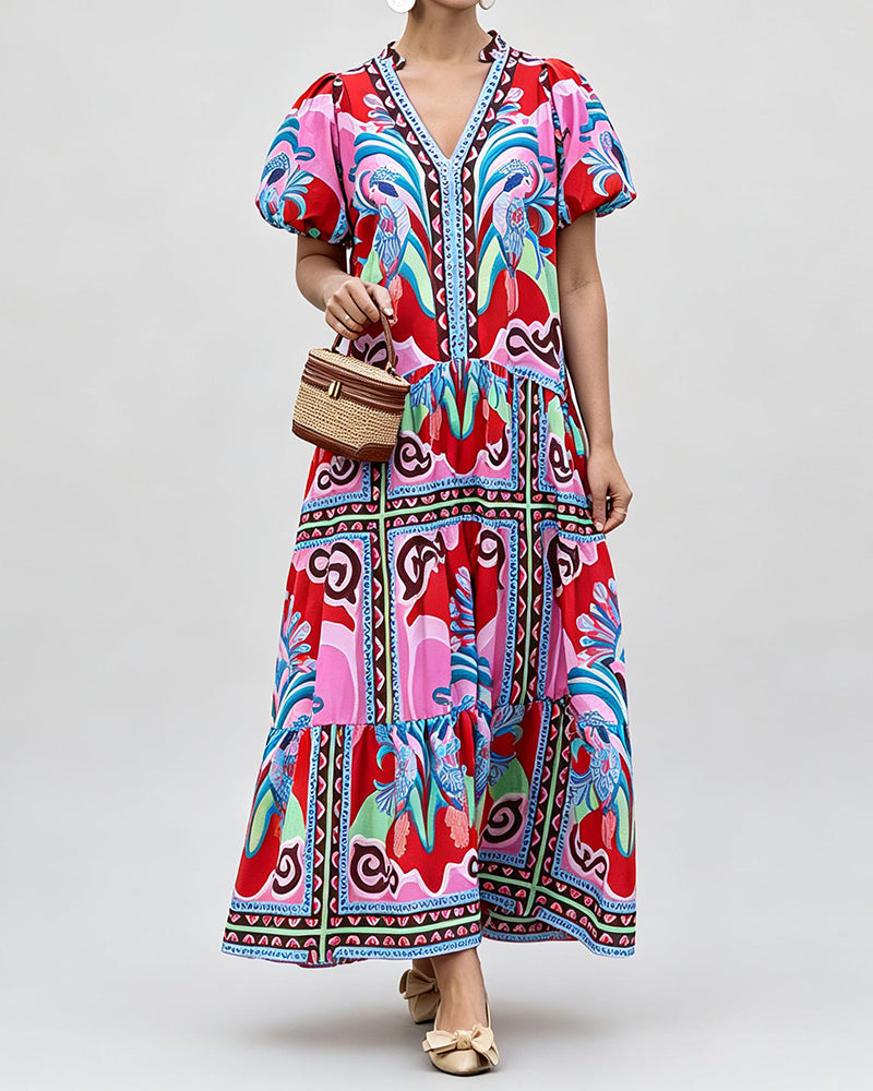 Amira Red Tropical Bird Printed Tiered Maxi Dress