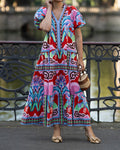 Amira Red Tropical Bird Printed Tiered Maxi Dress
