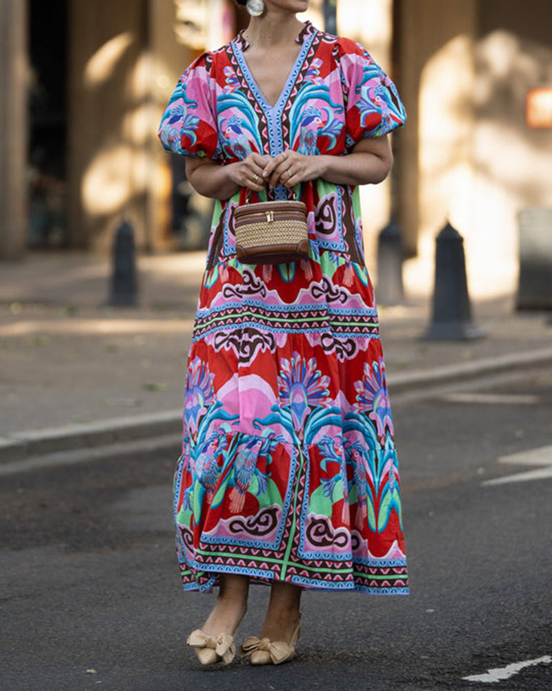 Amira Red Tropical Bird Printed Tiered Maxi Dress