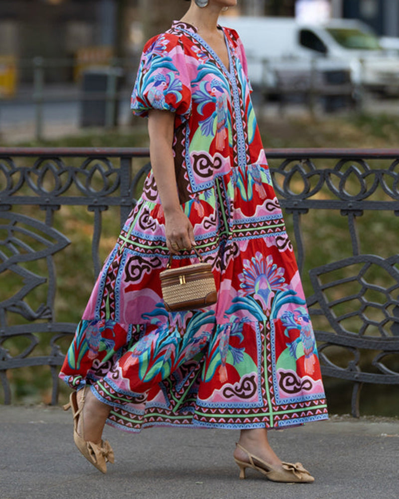 Amira Red Tropical Bird Printed Tiered Maxi Dress