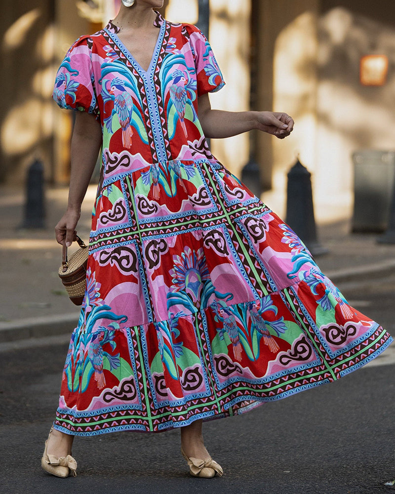 Amira Red Tropical Bird Printed Tiered Maxi Dress