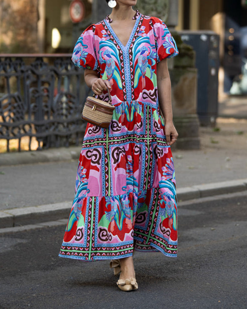 Amira Red Tropical Bird Printed Tiered Maxi Dress