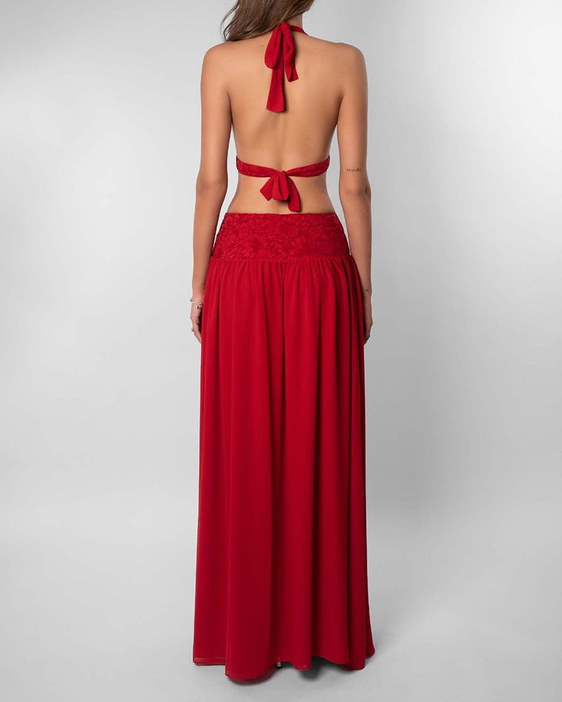 Simone Red Cut-Out Halter Maxi Dress