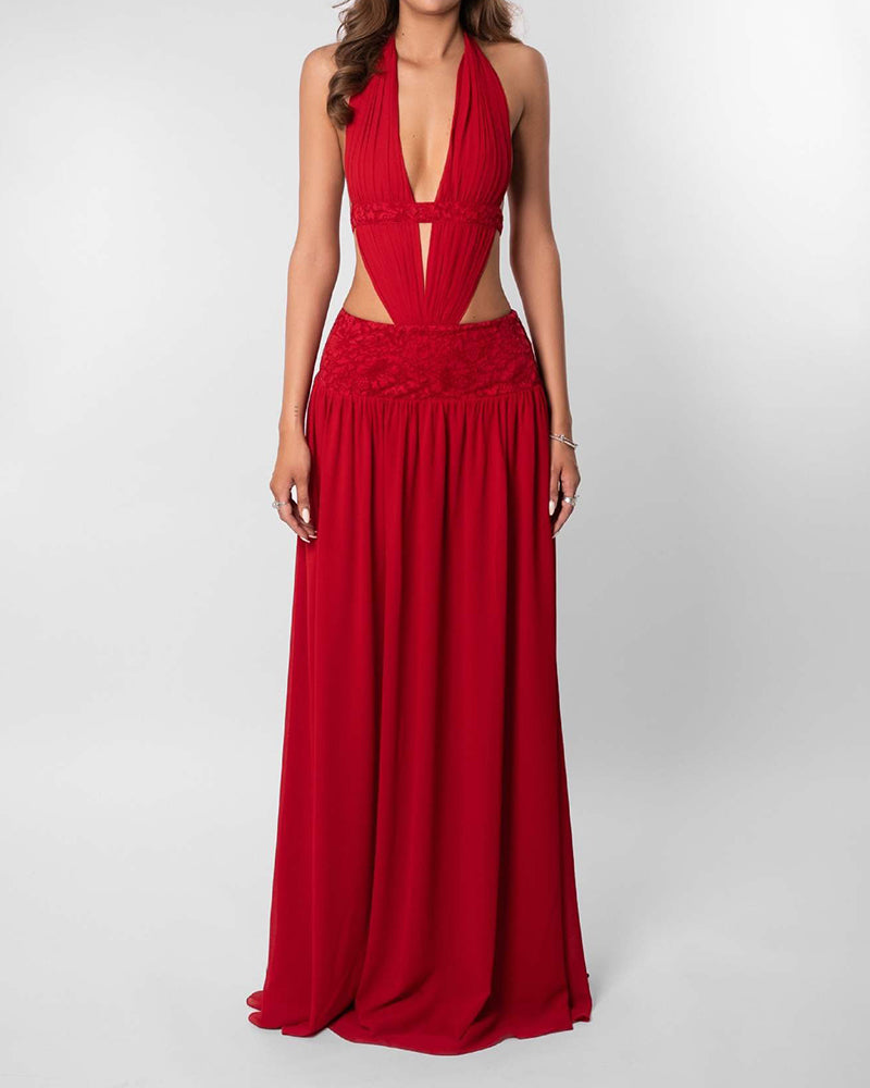 Simone Red Cut-Out Halter Maxi Dress